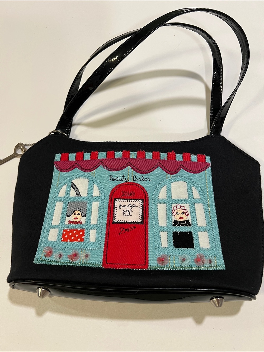Forever by Fossil - Black Appliqué 'Beauty Parlor' Handbag with Red Door Accent